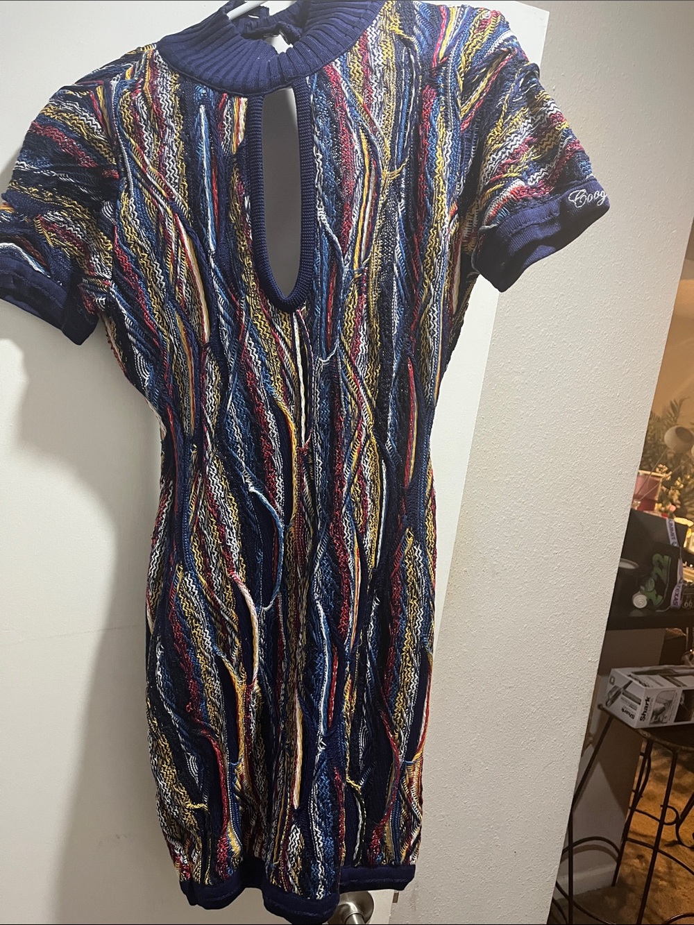 COOGI Navy Multicolor Cable Knit Keyhole Mini Dress